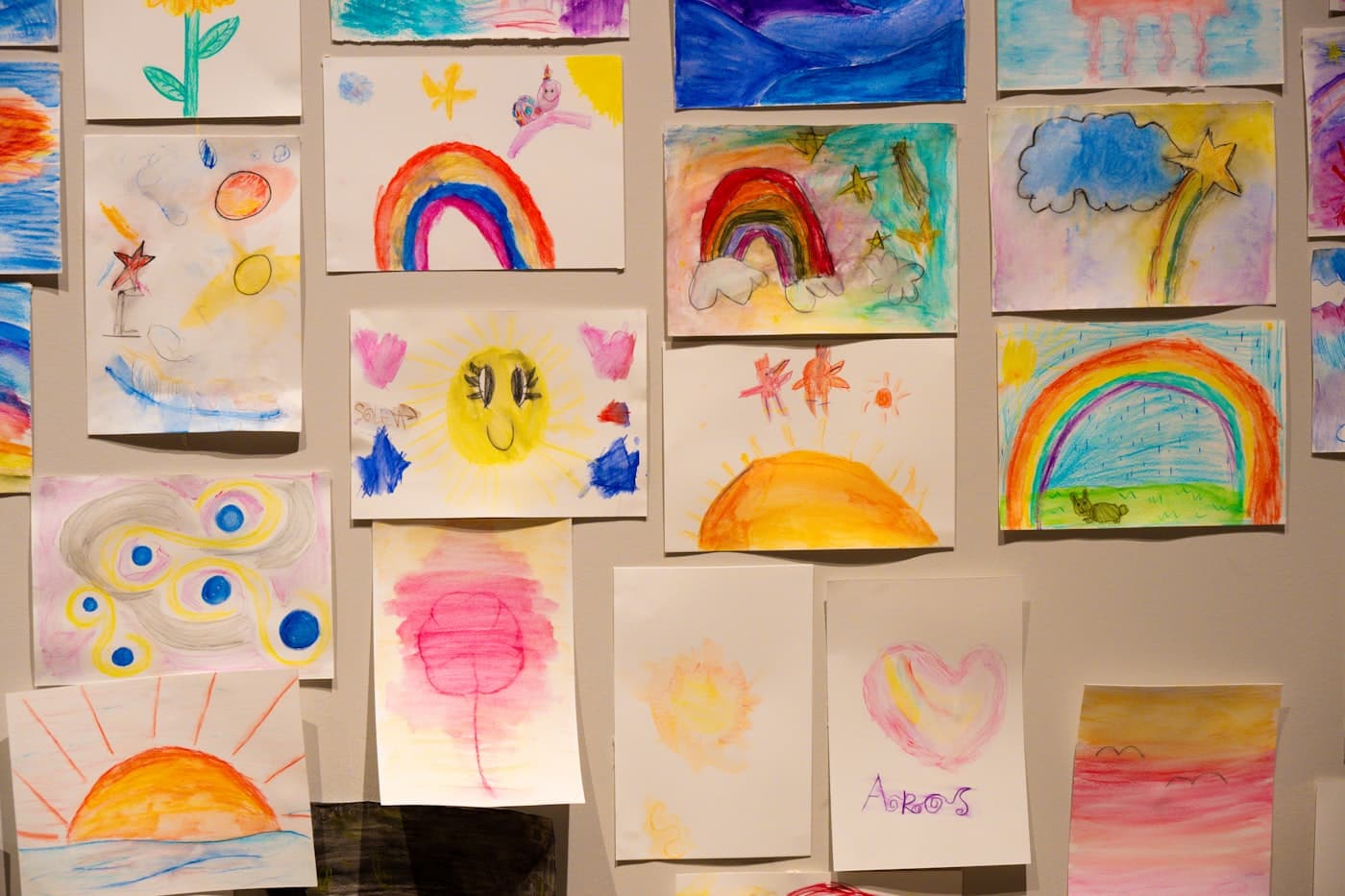 A wall of children’s drawings